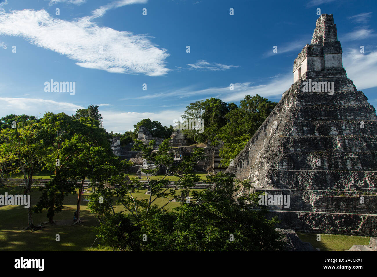 Tempio che io o tempio della grande Jaguar, il Parco Nazionale di Tikal, Guatemala. Un sito Patrimonio Mondiale dell'UNESCO. Foto Stock