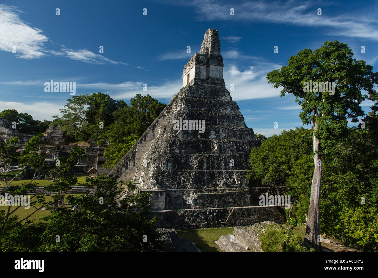 Tempio della grande Jaguar o tempio I nella grande piazza delle rovine Maya di Parco Nazionale di Tikal in Guatemala, un sito Patrimonio Mondiale dell'UNESCO. Foto Stock