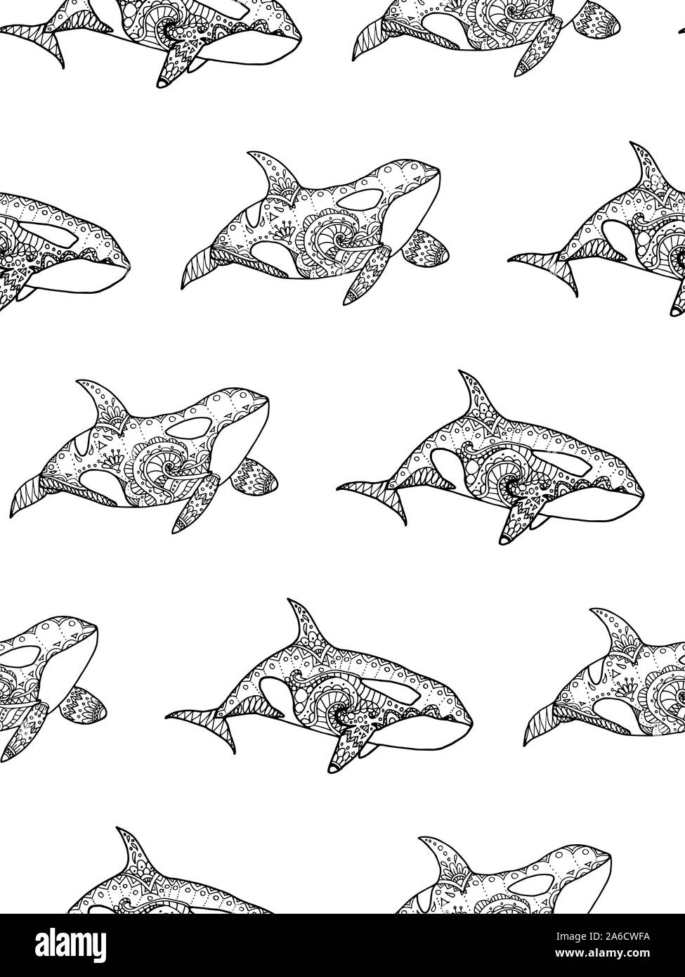 Illustrazione Vettoriale di pattern senza giunture dal disegno a mano modellato balena killer. Pagina di colorazione prenota Illustrazione Vettoriale
