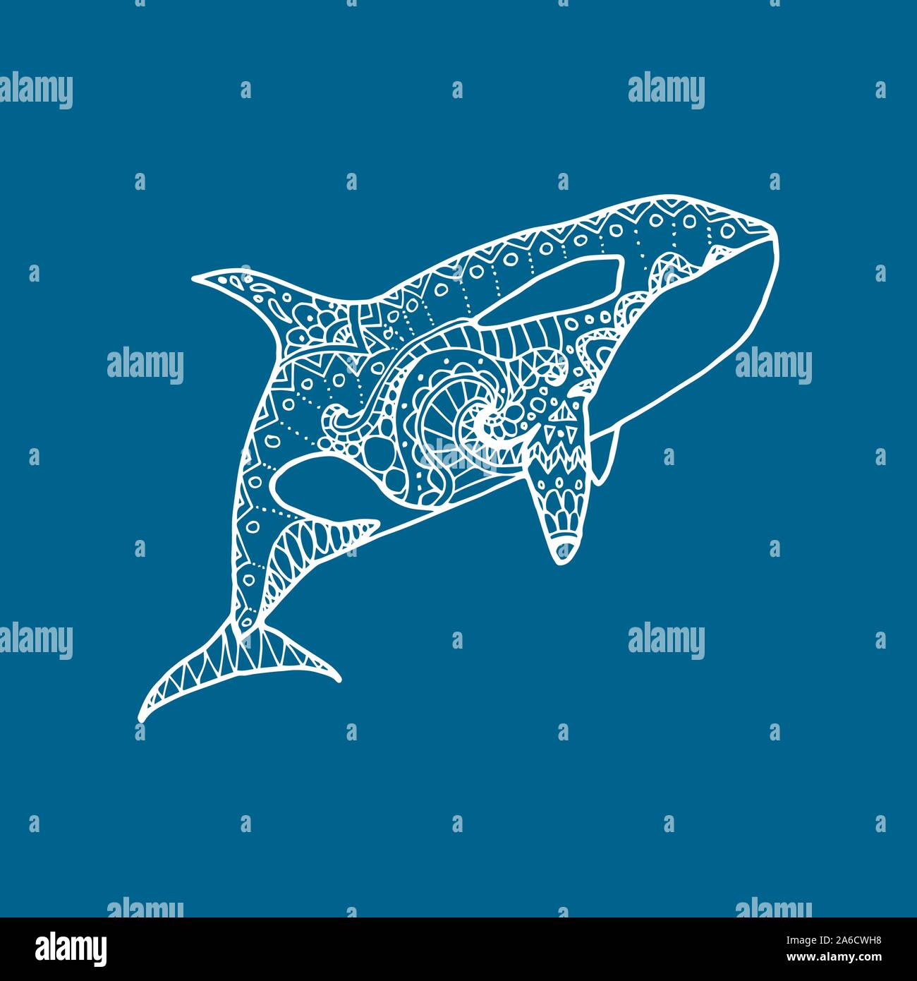 Illustrazione Vettoriale di bianco disegnati a mano modellato Killer Whale su sfondo blu. Doodle Orca. Illustrazione Vettoriale