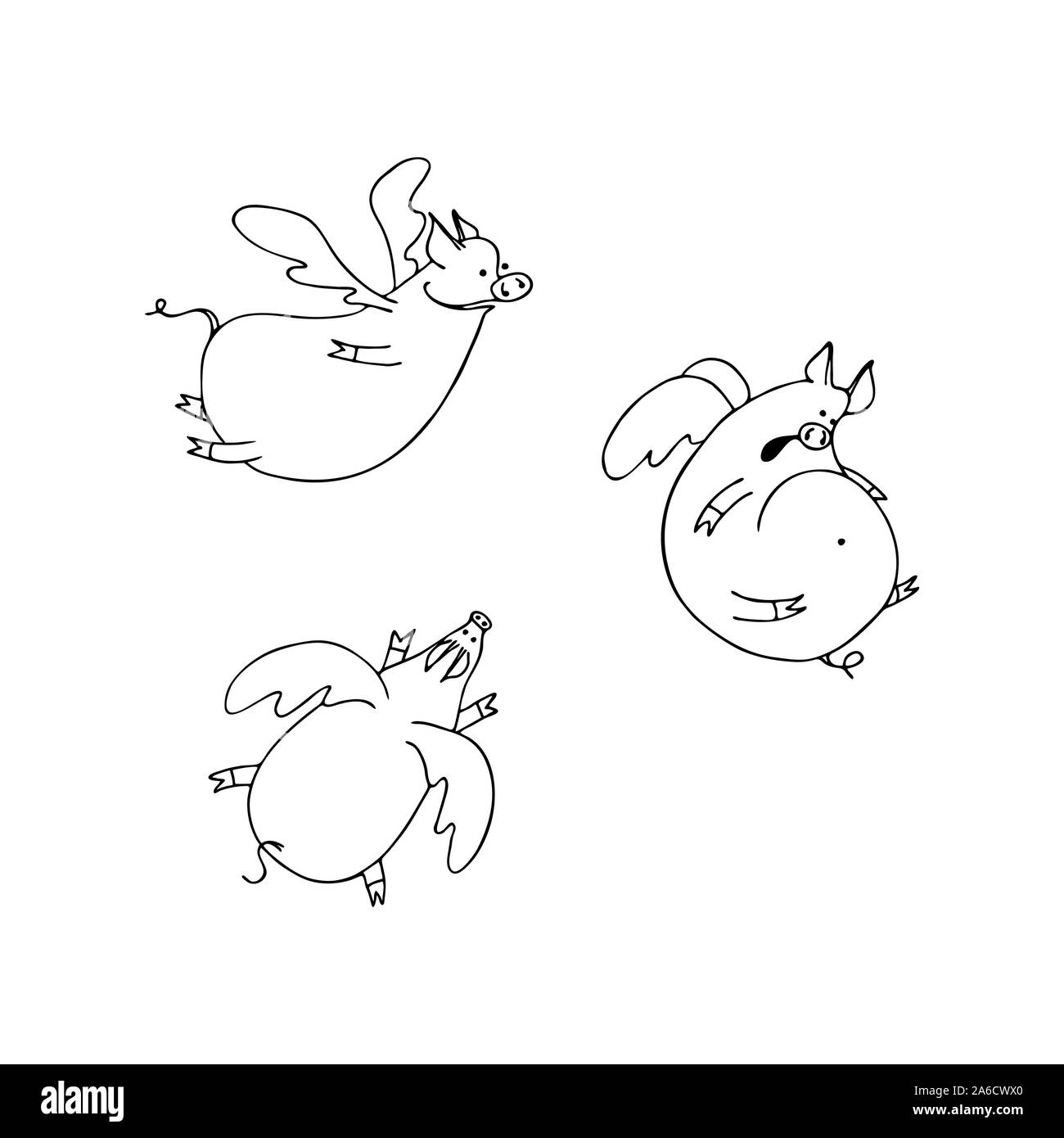 Set di vettore di divertenti battenti cartoon maiali con le ali. In bianco e nero degli angeli di suini Illustrazione Vettoriale