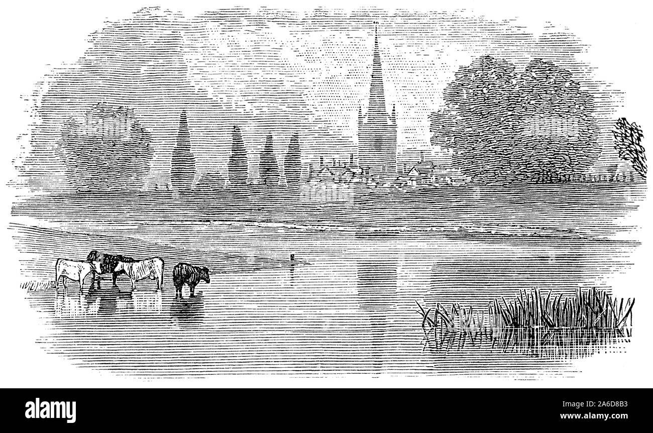 1891 incisione di Abingdon-on-Thames e la guglia di Sant'Elena è la chiesa, visto dal Tamigi, Oxfordshire, Inghilterra. Foto Stock