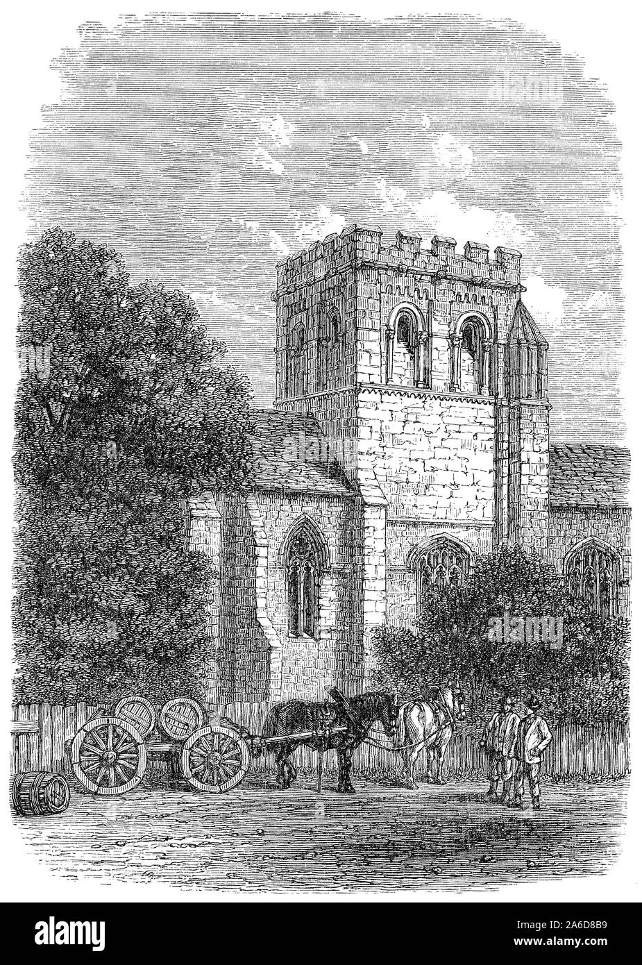1891 incisione di Santa Maria Vergine chiesa parrocchiale nel villaggio di Iffley, Oxfordshire, Inghilterra. Foto Stock