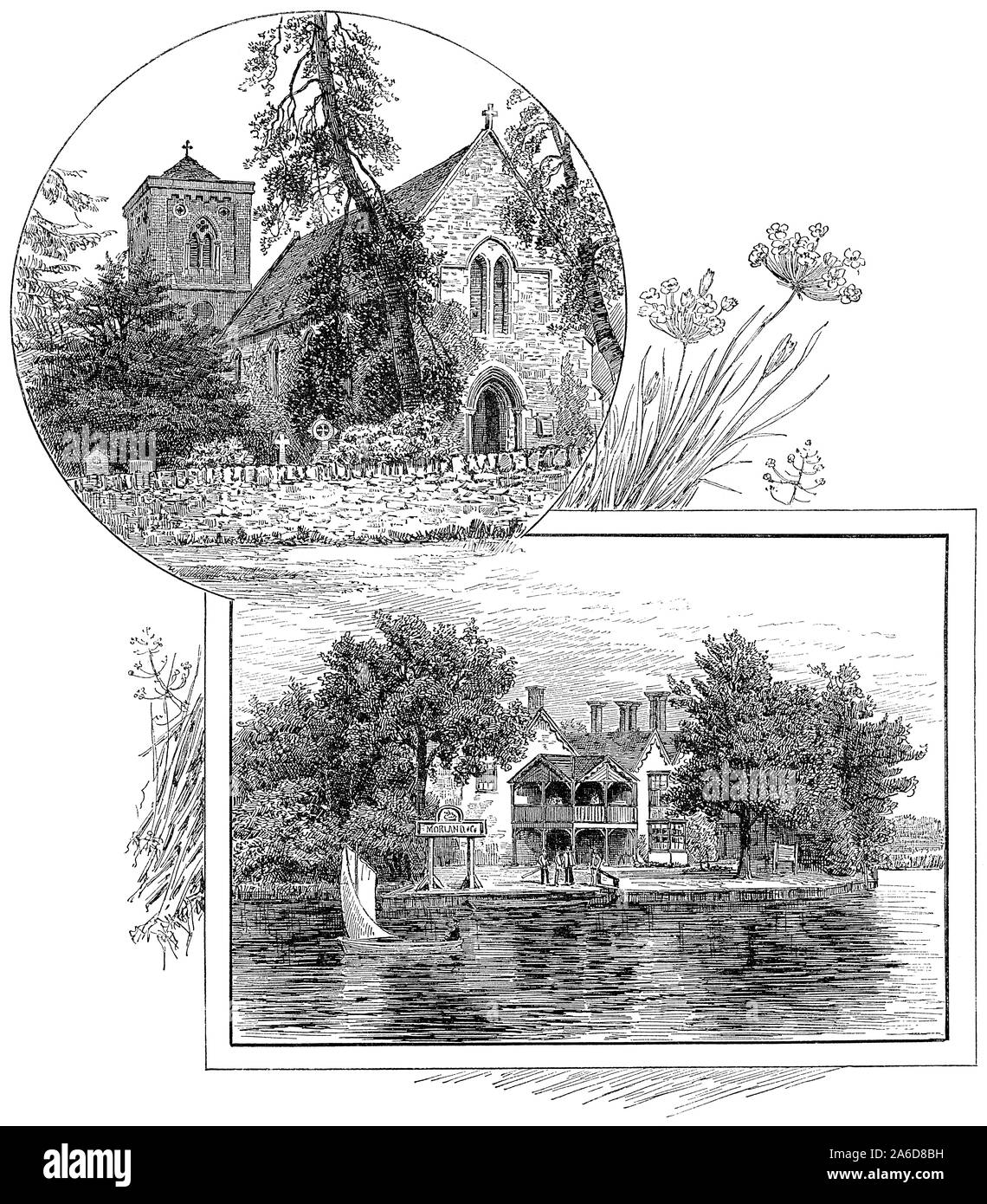 1891 l'incisione della chiesa di Santa Maria e San Nicola nel villaggio Littlemore, e Rose Isle (in precedenza chiamato Kennington Isola) sul Fiume Tamigi. Sia in Oxfordshire, Inghilterra. Foto Stock