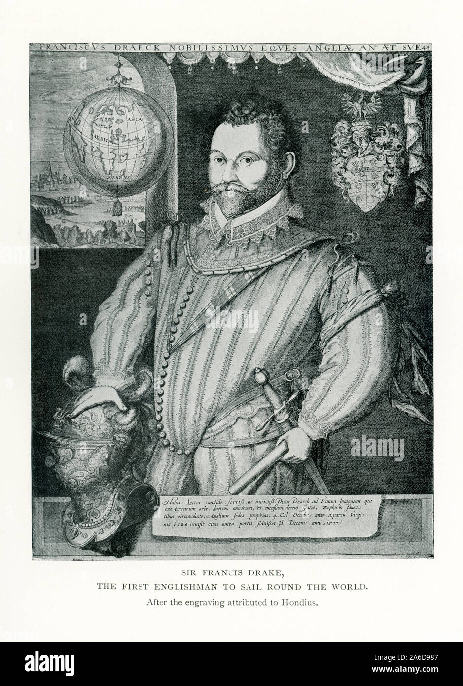 Questo le immagini risale al 1912. Essa mostra Sir Francis Drake e la didascalia recita: Sir Francis Drake. Il primo inglese a vela in tutto il mondo. Esso è basato su una incisione attribuita a Hondius. Jodocus Hondius (in olandese: Joost de Hondt) era un incisore fiammingo e cartografo. Egli era nato nel 1563 e morto nel 1612. Drake effettuata secondo il periplo del mondo in una sola spedizione, dal 1577 al 1580, e fu il primo a completare il viaggio come capitano mentre conduce la spedizione in tutta la circumnavigazione. Foto Stock