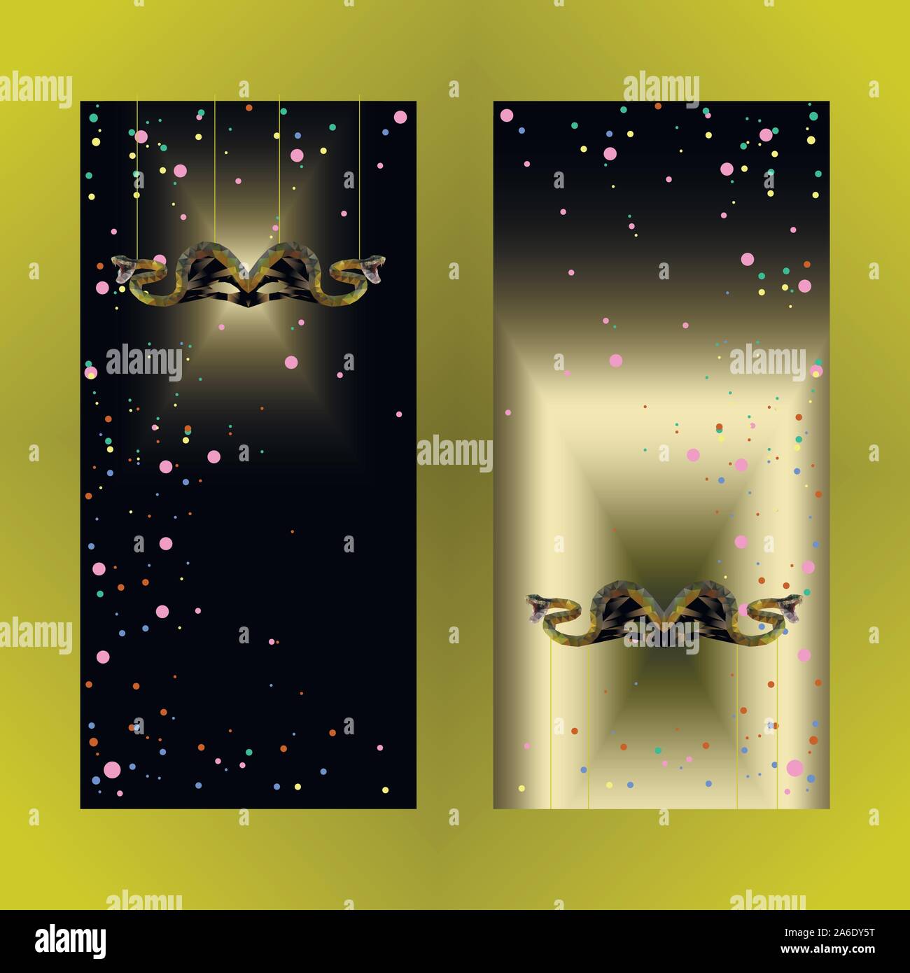 Nero giallo etichetta verticale con maschera di serpente Illustrazione Vettoriale