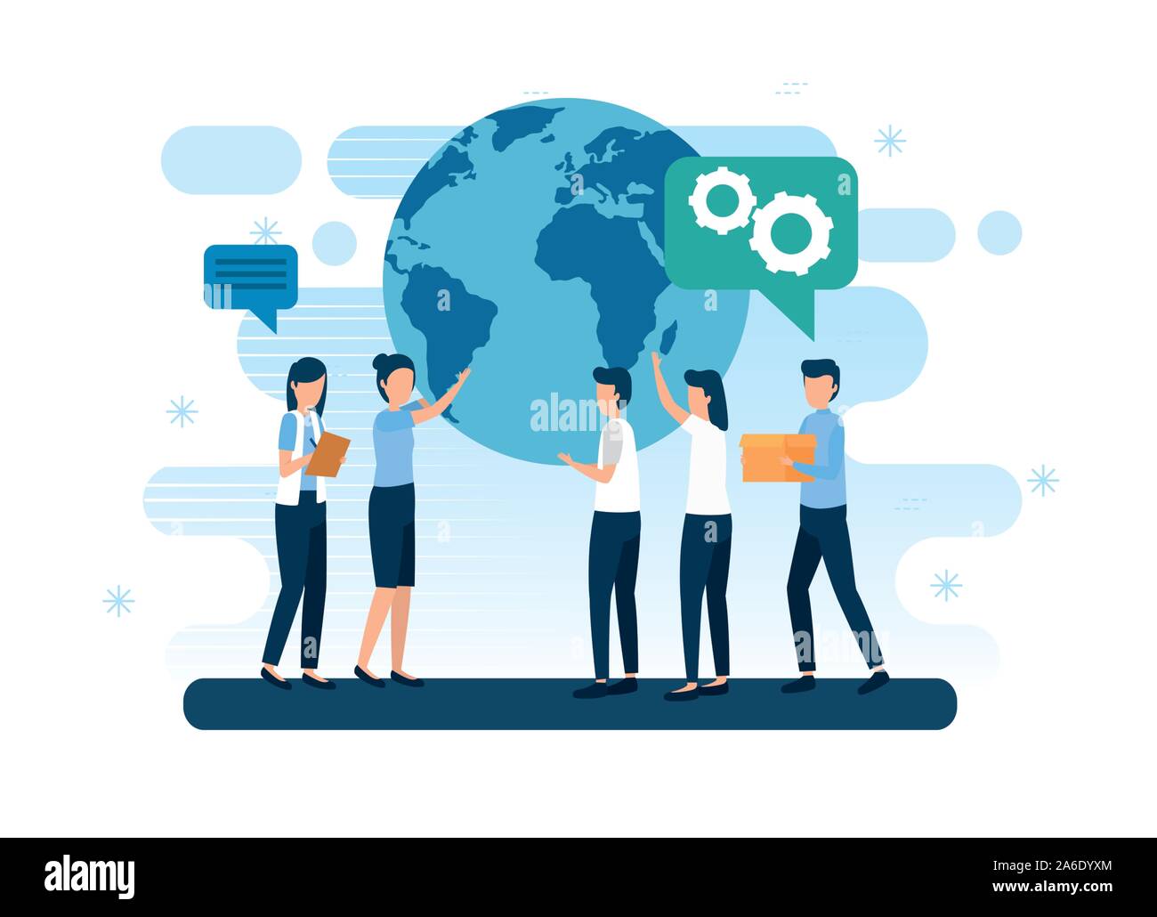 Il lavoro di squadra di lavoratori con il pianeta terra e le icone Illustrazione Vettoriale