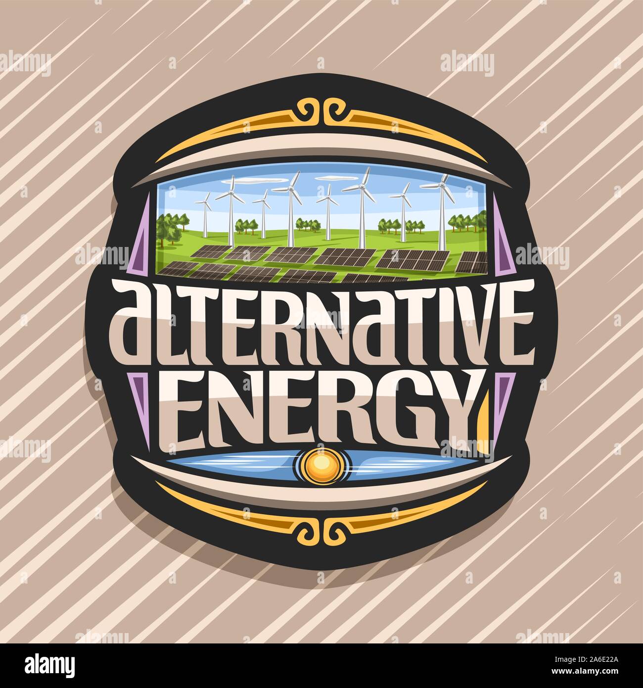 Il logo del vettore di energia alternativa, scuro tag array con pannelli solari e windturbine nel verde parco di estate, originali scritte per il testo alternativo ene Illustrazione Vettoriale