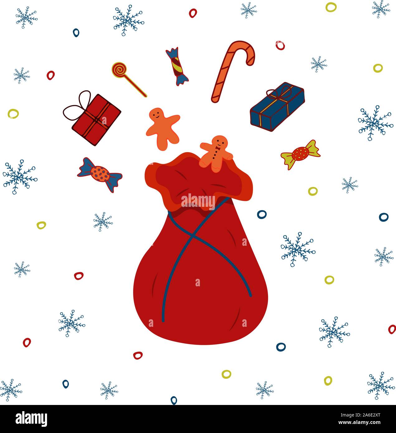 Babbo Natale borsa con doni e caramelle. Un sacco pieno di regali di natale. Illustrazione colorata su sfondo bianco con i fiocchi di neve Illustrazione Vettoriale