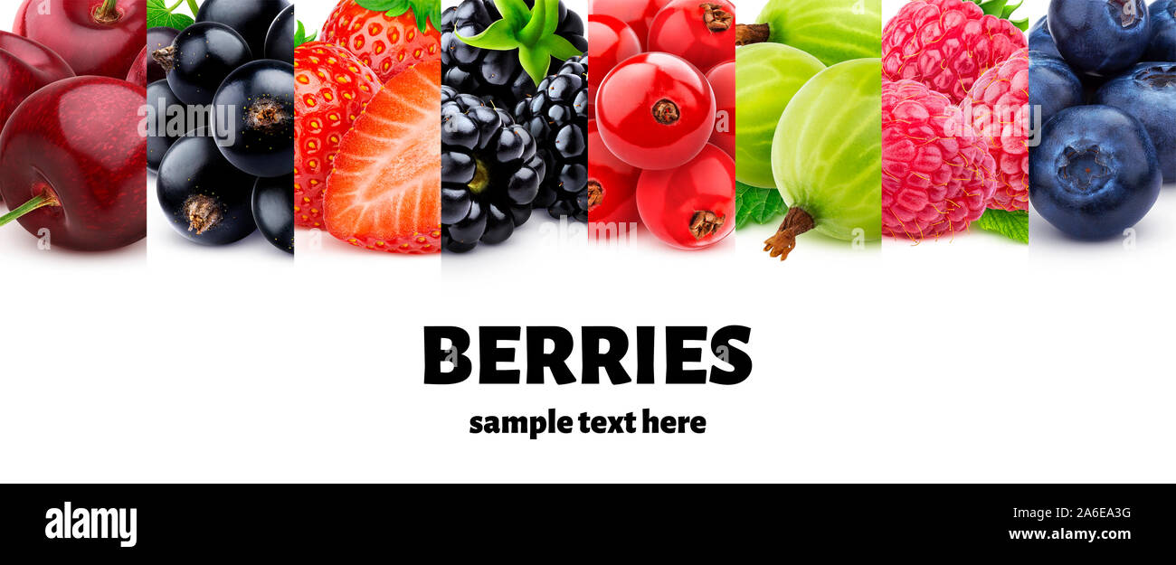 Macro di fragola e mirtillo e ciliegia matura, lampone, ribes e blackberry, raccolta di bacche Foto Stock