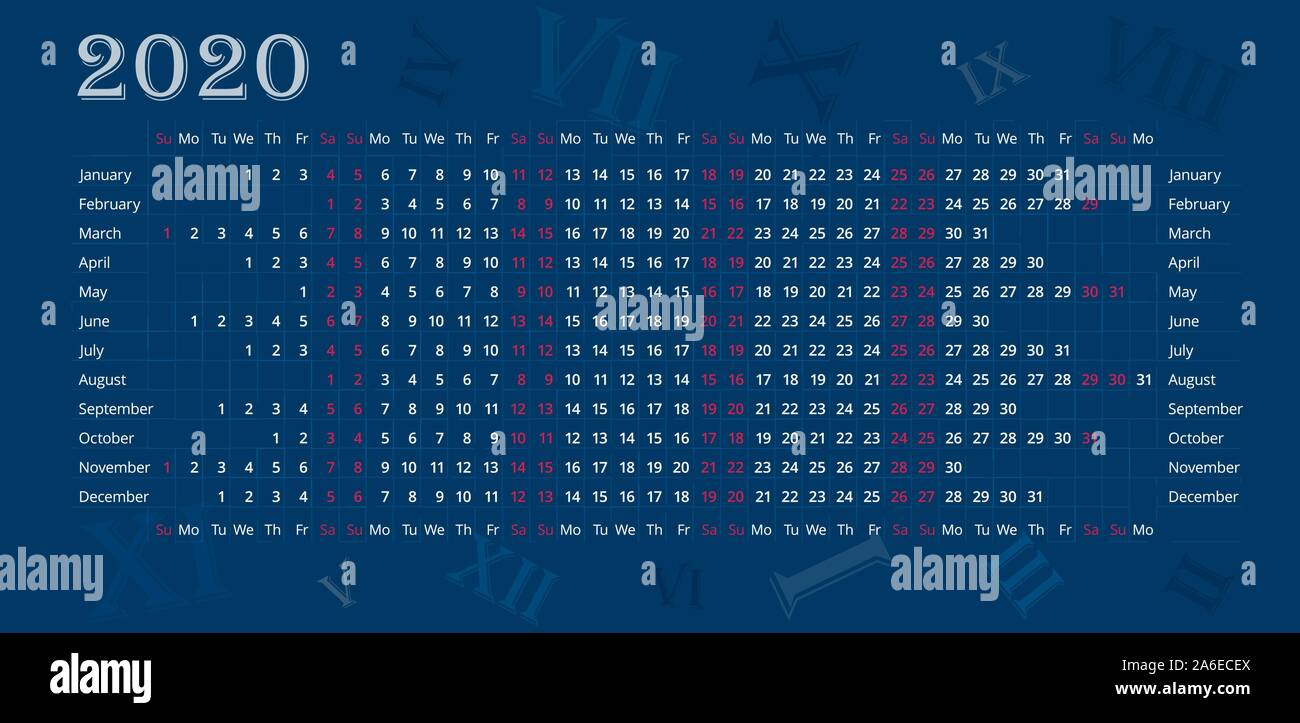 Calendario delle pareti del 2020 su sfondo blu profondo. La domenica e il sabato sono evidenziati in rosso. Modello modificabile con vettore. Orizzontale Illustrazione Vettoriale