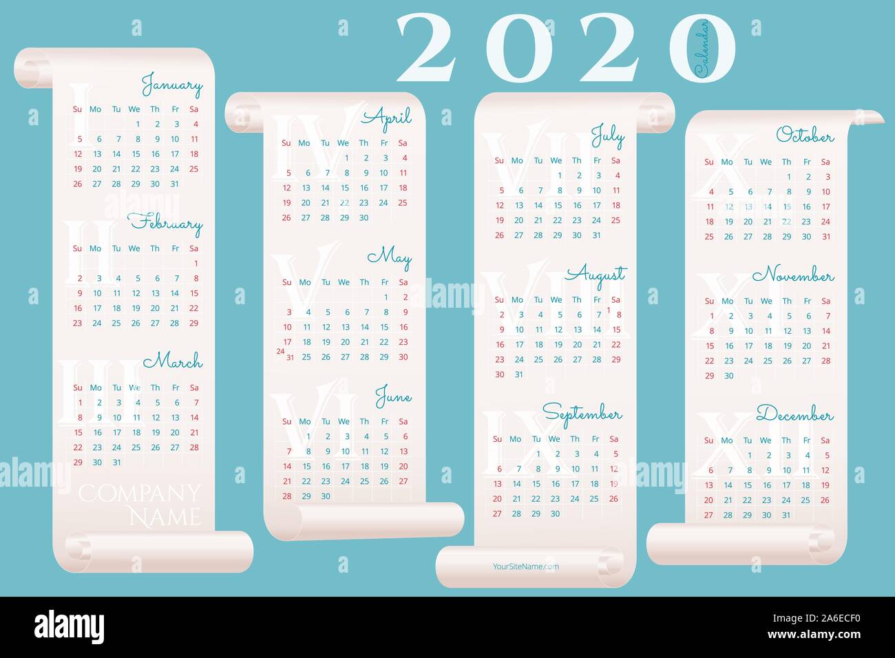 Creative 2020 Calendario da parete su quattro pergamene. Settimana comincia la domenica. Sfondo blu. Vector modello modificabile 10 EPS per poster, stampa, web Illustrazione Vettoriale