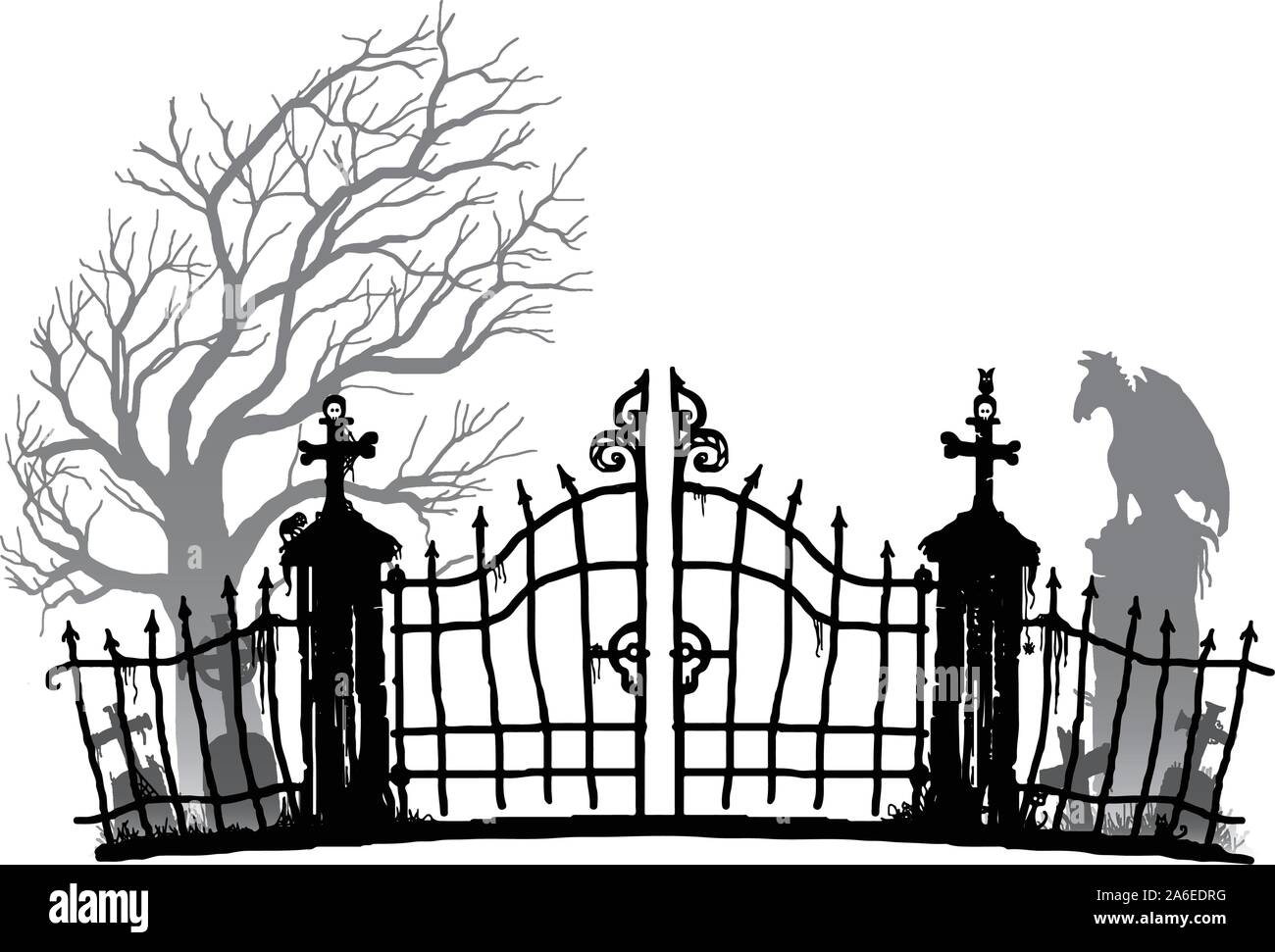 Cimitero Silhouette - nero e toni di grigio Illustrazione Vettoriale