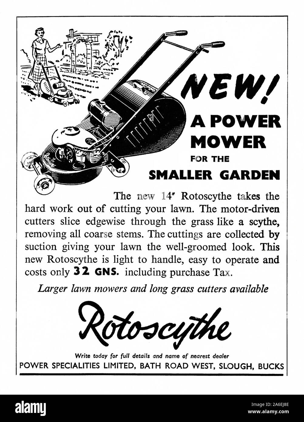 Annuncio per un Rotoscythe, un piccolo giardino di potenza falciatrice, 1951. La figura mostra una donna falciare il suo prato - aiutando a sottolineare la leggerezza della falciatrice. Il British Rotoscythe fu prodotto per la prima volta da specialità di potenza di Slough, Buckinghamshire, Inghilterra, Regno Unito. Alcune delle primissime Rotoscythes erano alimentati elettricamente ma motorizzate a benzina era la norma. Foto Stock