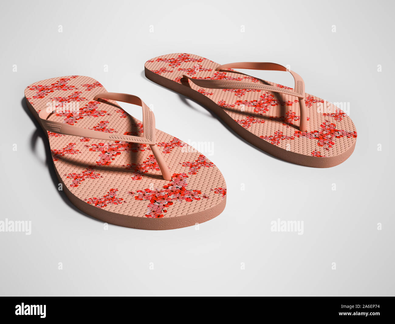Modern womens spiaggia rossa pantofole con fiori 3D render su uno sfondo grigio con ombra Foto Stock