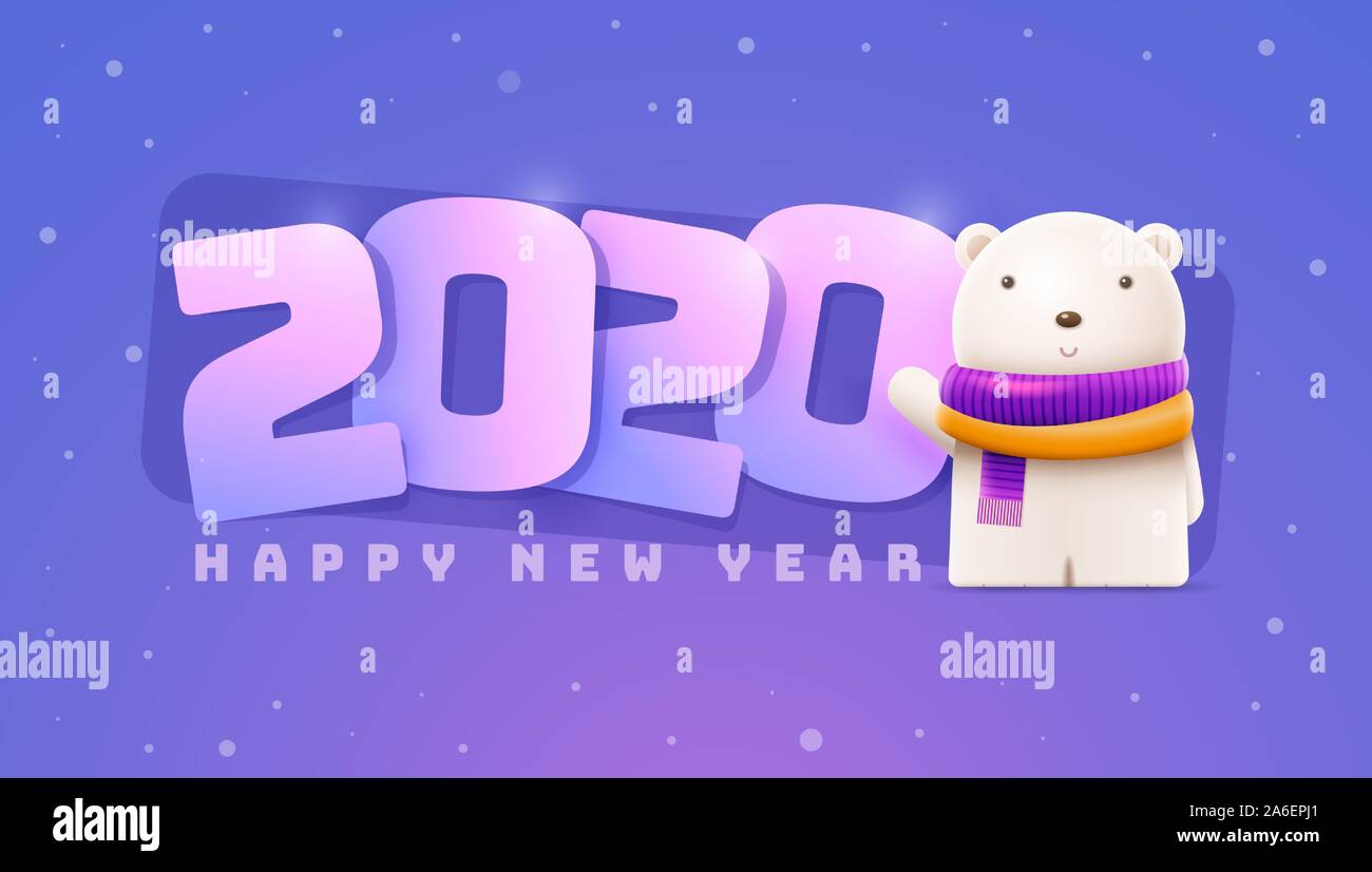 Poco simpatico orso e Felice Anno Nuovo 2020 saluto. Gli elementi sono stratificati separatamente in file vettoriale. Illustrazione Vettoriale