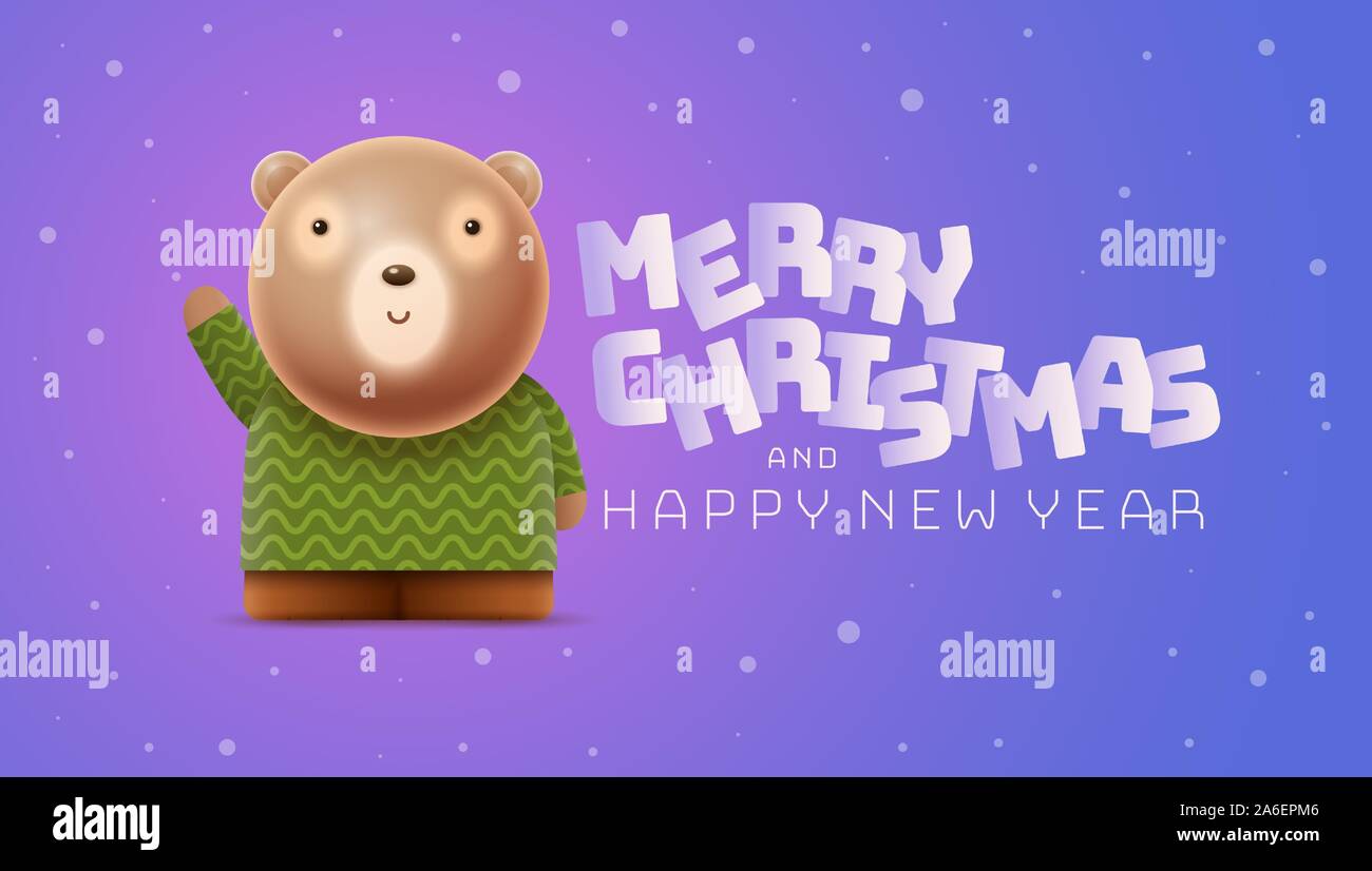 Poco simpatico orso e Natale e Anno Nuovo messaggio di saluto. Carattere vettoriale illustrazione. Gli elementi sono stratificati separatamente in file vettoriale. Illustrazione Vettoriale
