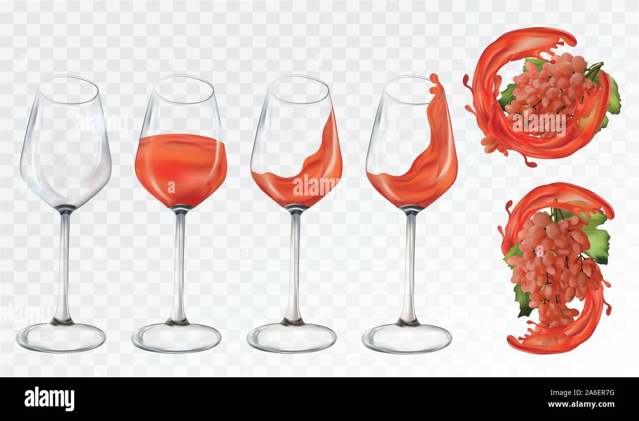 Rose uve il vino in bicchieri su sfondo trasparente. Bicchieri vuoti e con il vino. Schizzi vino rosato. Uve da vino vicino. Imposta icona. Vettore 3D Illustrazione Vettoriale