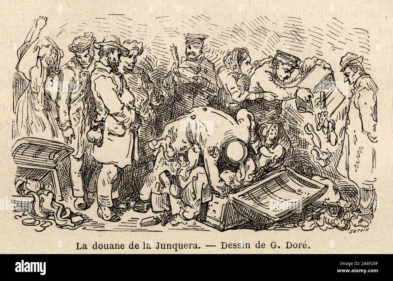 La douane de la junquera ( ville situee entre la Catalogne et la provincia de Gerone), dessin de Gustave Dore ( 1832-1883), pour illustrer figlio viaggio e Foto Stock