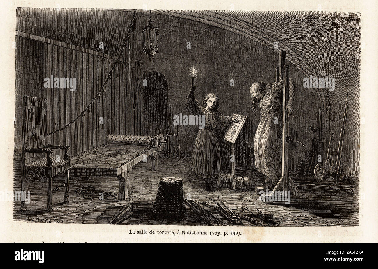 La salle de la tortura a Ratisbonne (Allemagne), le bourreau et le supplicie au milieu de tous les instruments de la tortura, dessin de Lancelot, pour illus Foto Stock