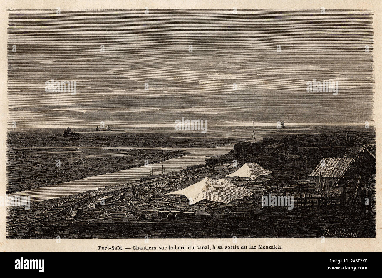 Les Chantiers de Port Said, sur le bord du Canal de Suez, un sa sortie du lac Menzaleh, dessin De Grenet, pour illustrer une escursione au Canal de Suez Foto Stock