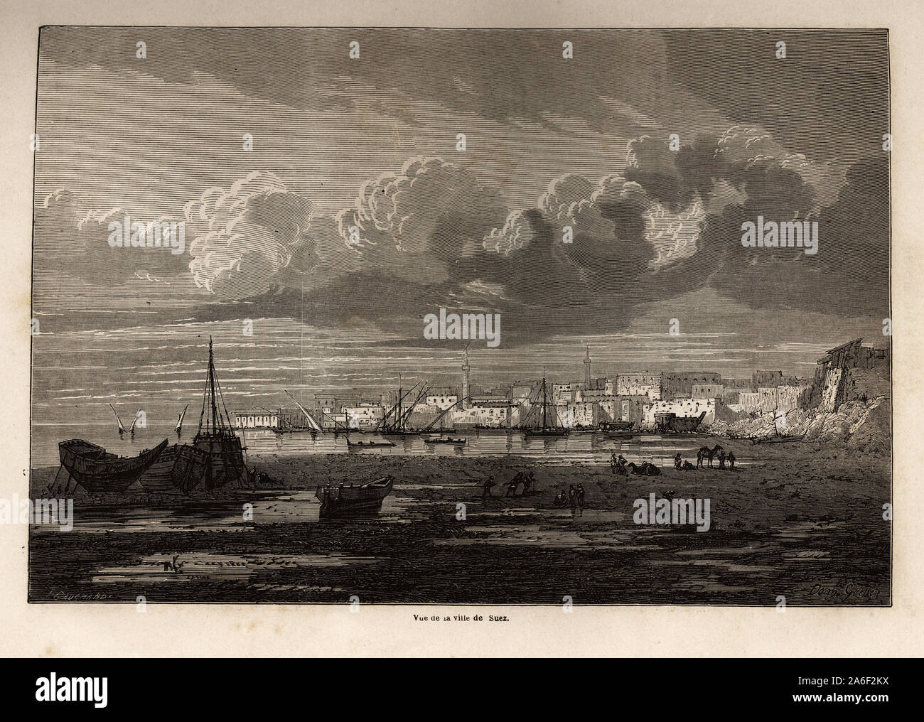 Vue de la ville de Suez ( Egypte), dessin De Grenet, pour illustrer une escursione au Canal de Suez, en 1862, de Paul Merruau. Il rotocalco in 'Le Tour du m Foto Stock