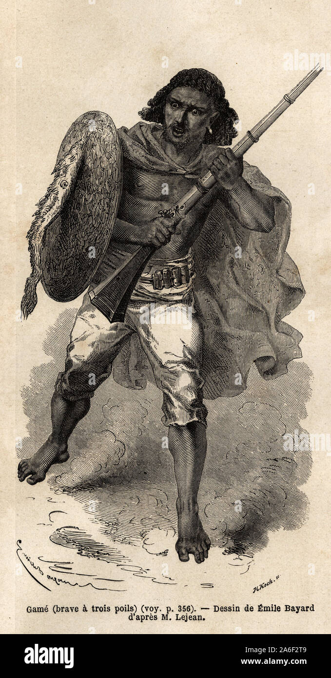 Le Game, ou brave a trois poils, soldat fusilier abyssin. Il rotocalco pour illustrer le Voyage en Abyssinie, en 1862 de Guillaume Lejean, in 'Le Tour du m Foto Stock