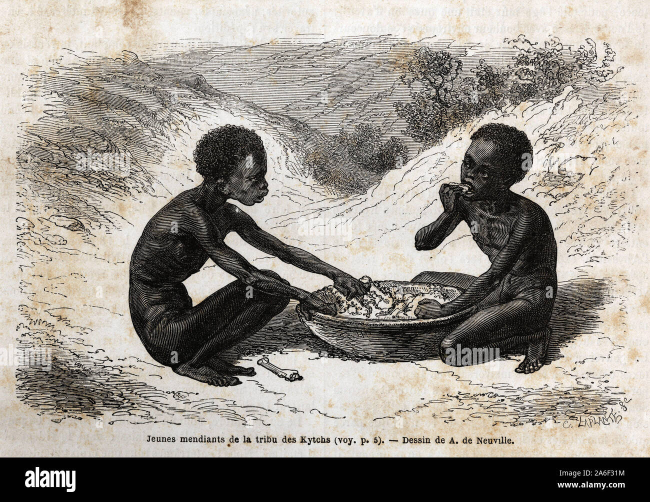 Jeunes mendiants de la tribu des Kytchs ( situee dans la regione du Haut nullo ) prenant onu repas echange contre quelques fagots. Il rotocalco pour illustrer Foto Stock