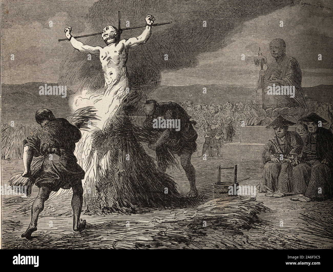 Le supplice du feu, la victime est attachee a une croix pendant toute la journee, puis, au coucher du soleil, deux bourreaux place de chaque cote, lui Foto Stock