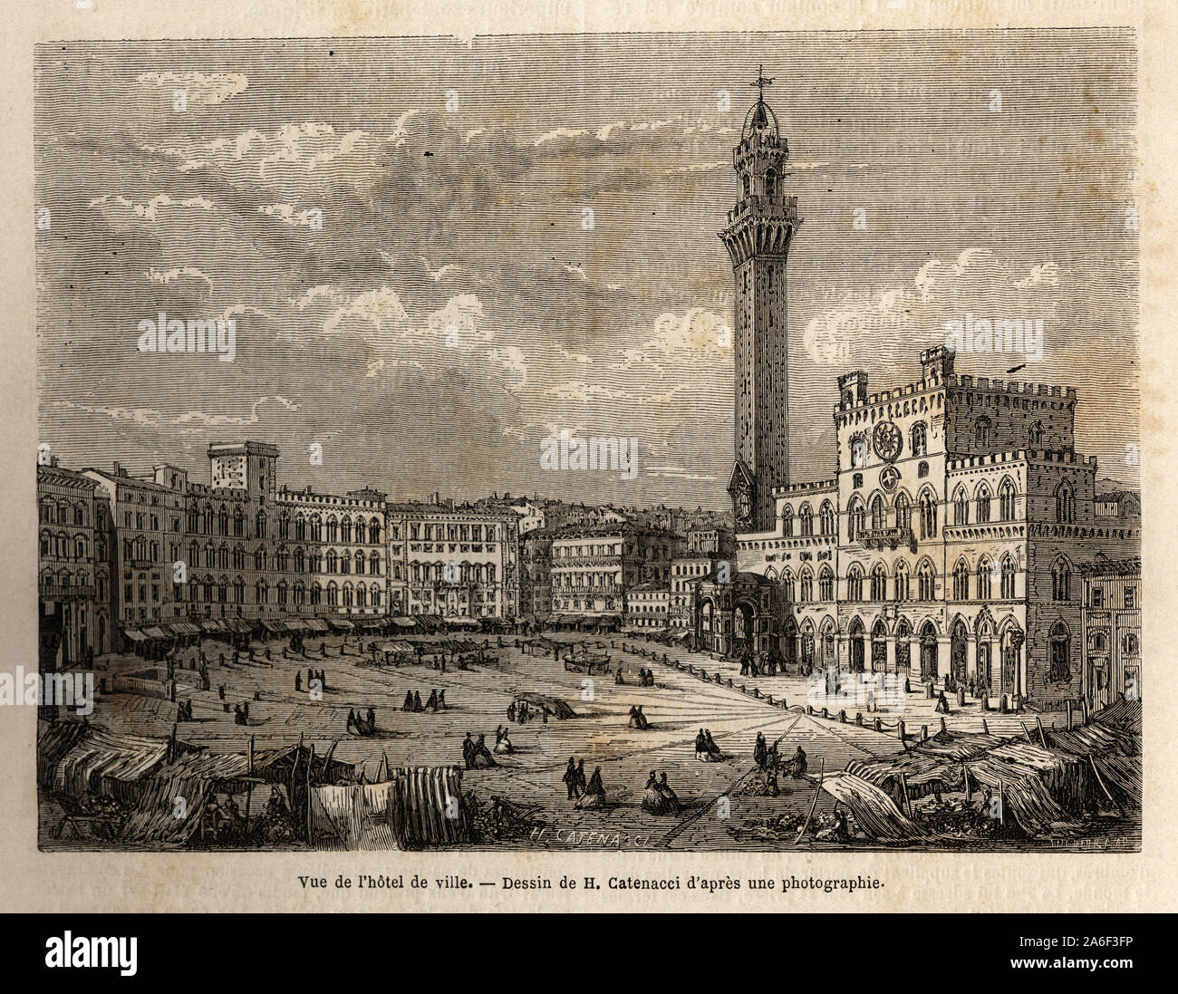 Vue de la place de l'hotel de ville de Sienne, rotocalcografia pour illustrer onu voyage Un Sienne ( Italie) en 1865, "in Le Tour du monde nouveau Journal des Foto Stock