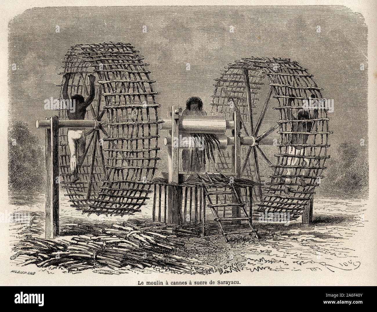Le Moulin-gabbia un broyer la canne a Sucre de Sarayacu (Perou), dessin de Riou, pour illustrer le voyage de l'Ocean Pacifique a l'Ocean Atlantique, de 1 Foto Stock