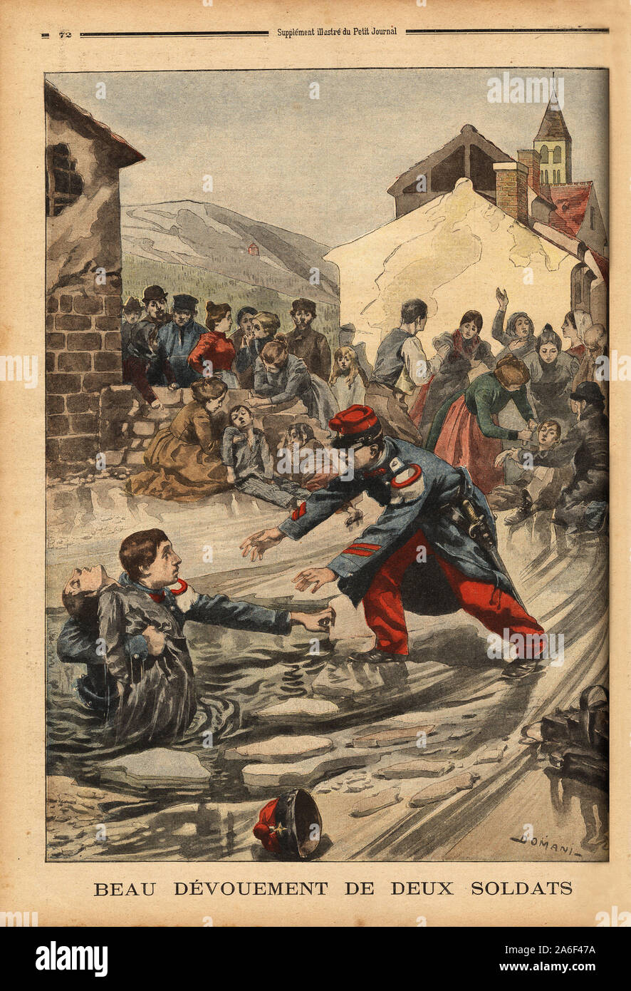 Le devouement de 2 soldats, Fontaine, pres de Dijon, pour secourir des enfants qui, voulant jouer un faire des glissades sur une mare gelee, sont a Foto Stock