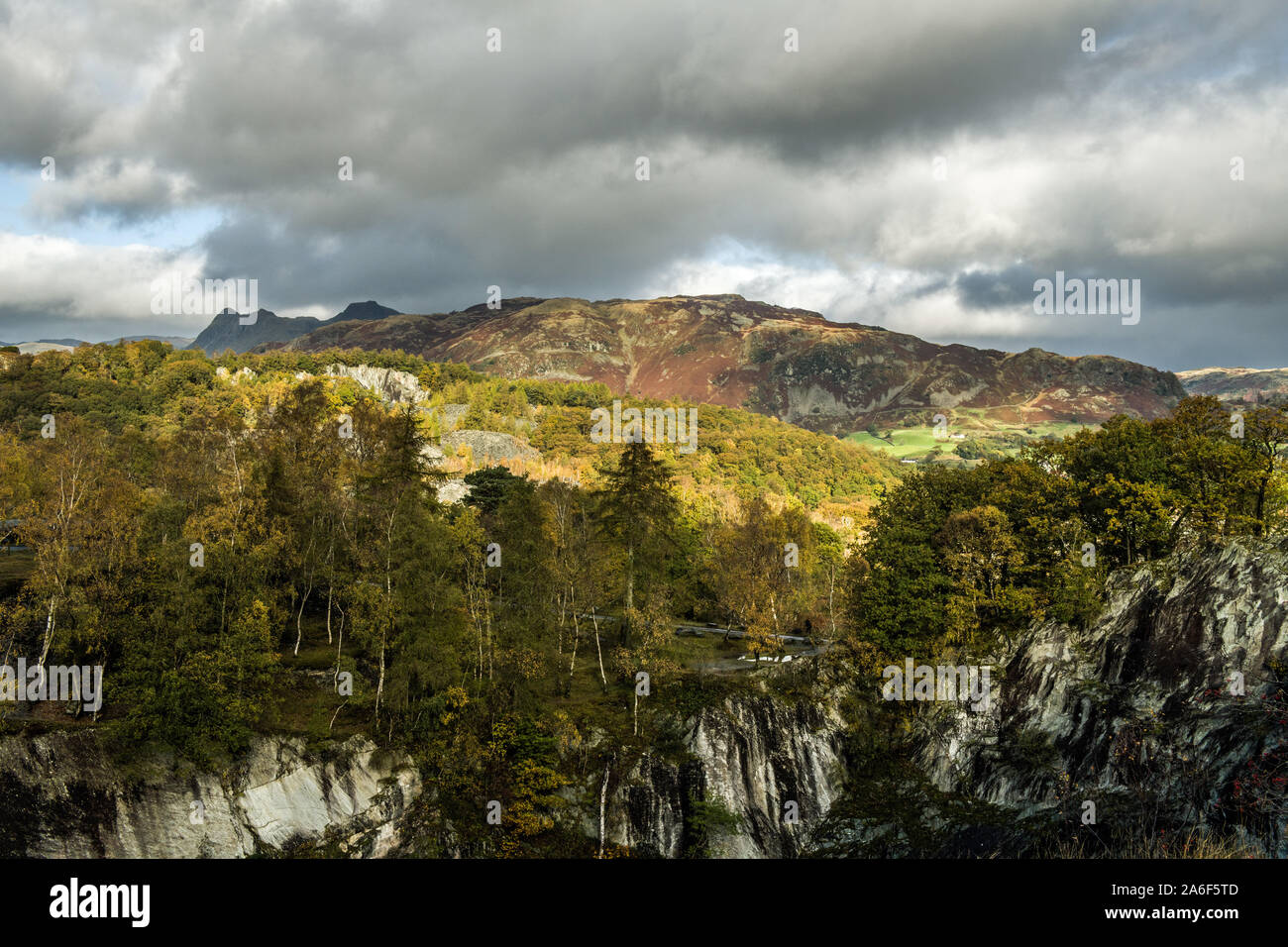 Guardando oltre Hodge Close Quarry Lip al Langdale Pikes in lontananza, nel Lake District National Park, Cumbria. Un bellissimo paesaggio. Foto Stock