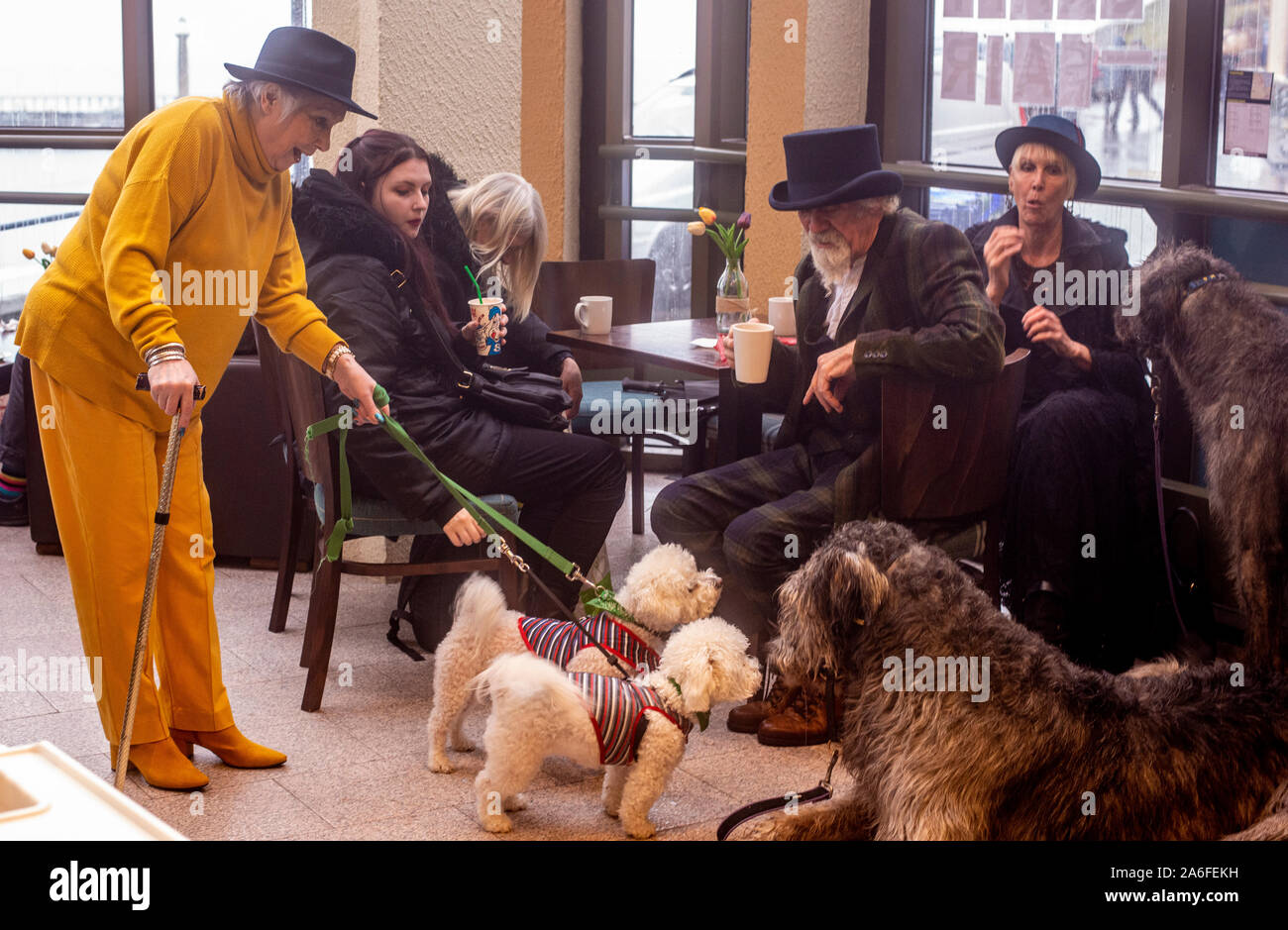 Matura nei tradizionali costumi di Goth con Irish Wolfhound cani incontrare donna in costume giallo con due piccoli cani bianchi, Whitby Goth Festival Weekend, Whitby, North Yorkshire, Regno Unito, 26 Ottobre 2019 Foto Stock