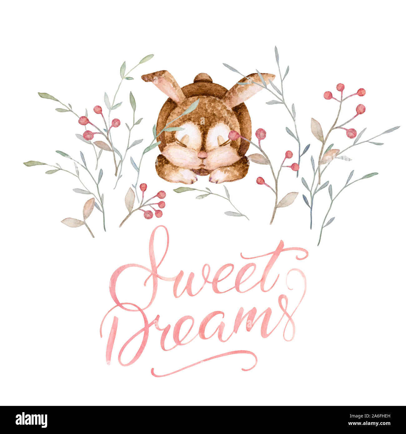 Gli animali del bosco, coniglio dormendo, erba, rami. Sweet Dreams. Lettering. Acquerello. Sfondo bianco. La qualità di stampa. Foto Stock