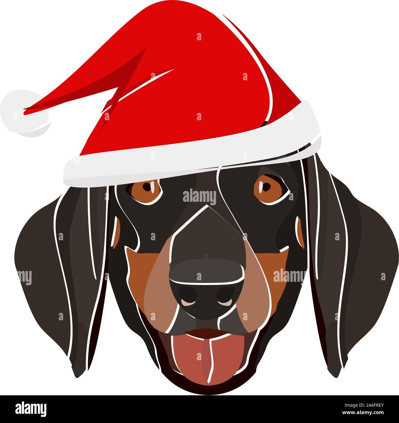 Bassotto con Santa hat - questo allegro cane è contemplativa correttamente attraverso la sua santa hat. Un motivo di Natale per i proprietari di cani. Illustrazione Vettoriale