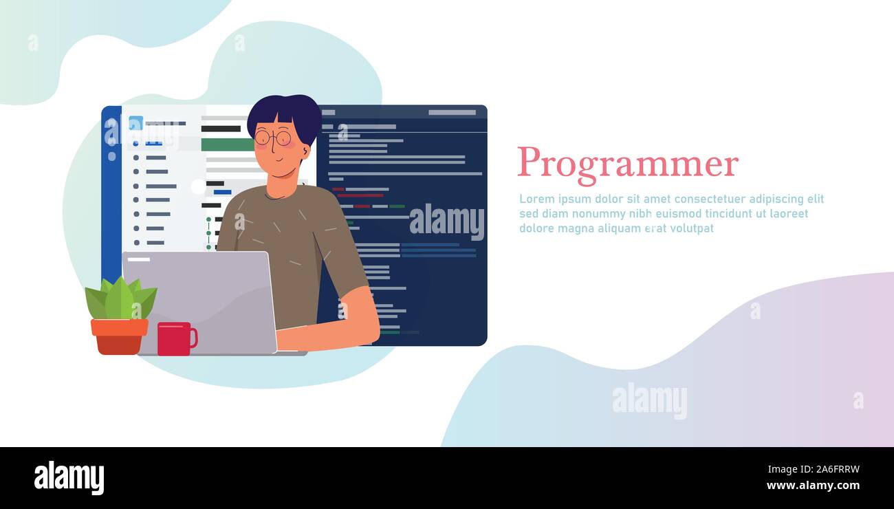 Lavoro Programmatore di scrittura di codice sul computer portatile con la linea del codice di linguaggio di programmazione su schermo. Sviluppatore Web utilizzando il controllo della versione repository. Illustrazione Vettoriale