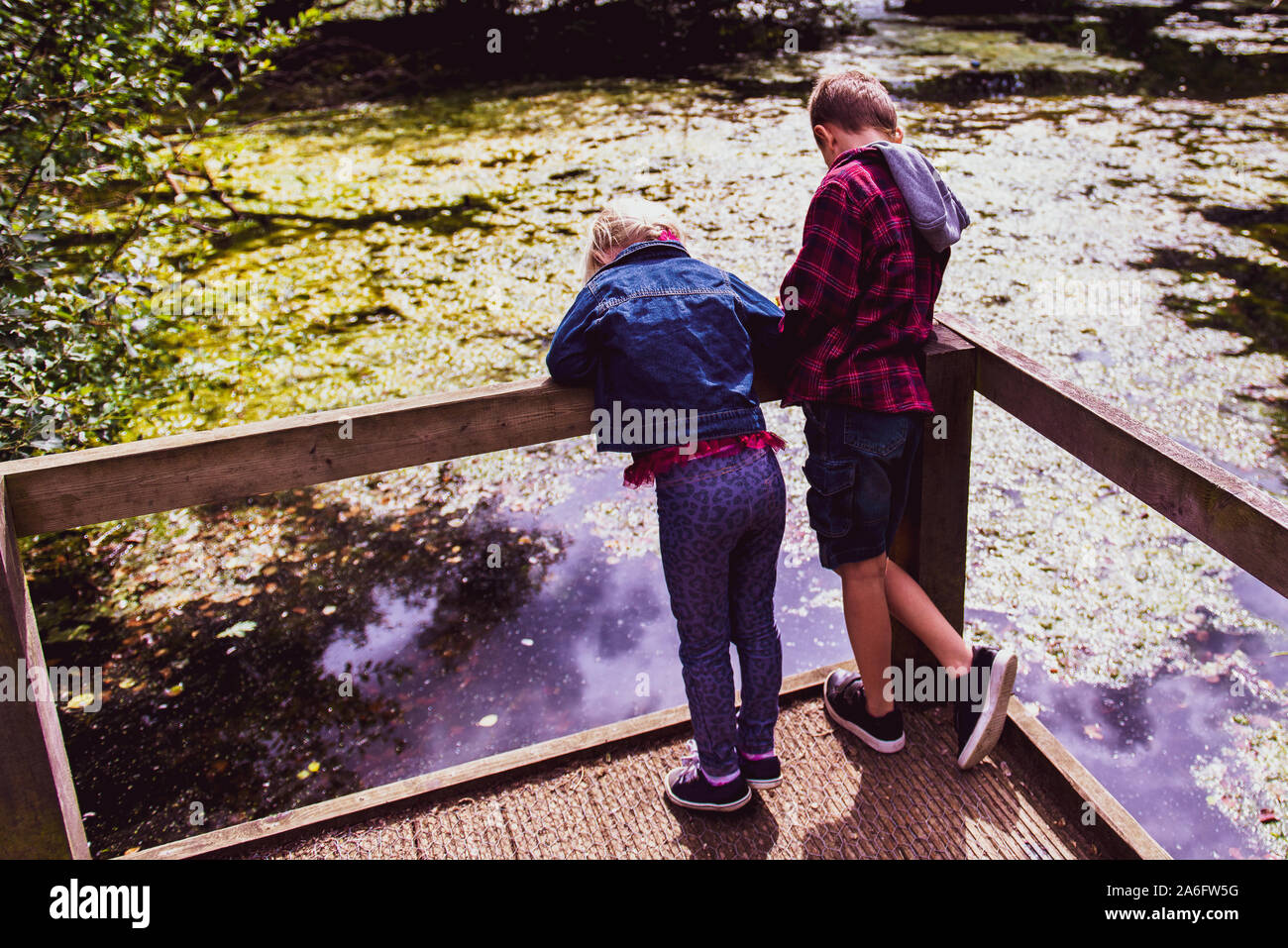 Un ragazzino con ADHD, autismo, sindrome di Asperger in piedi con la sua sorellina guardando un laghetto, bambini guardando lo stagno in Hylands Park, Foto Stock