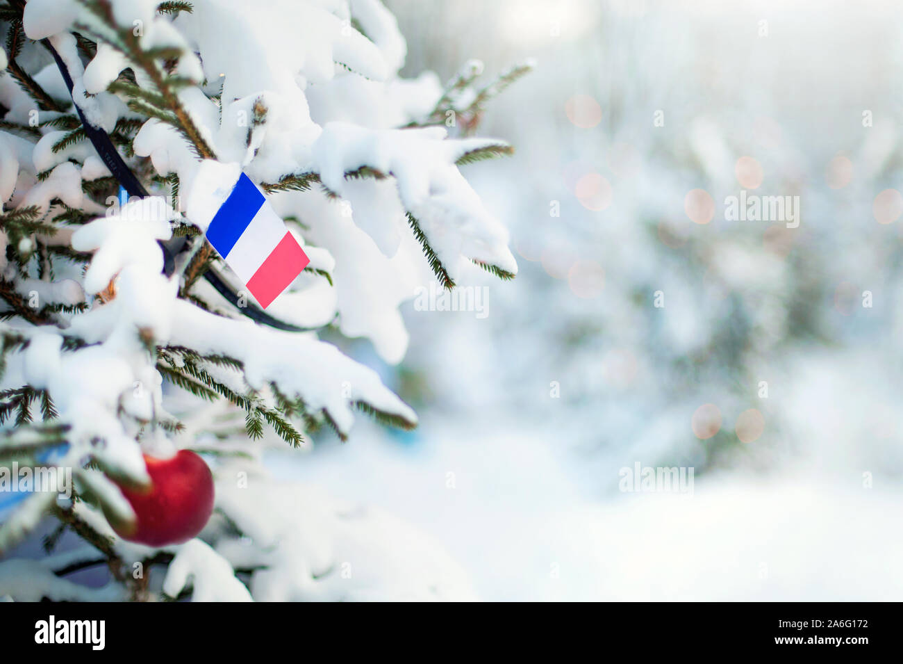 Natale in Francia. Albero di natale con neve, decorazioni e una bandiera della Francia. Boschi innevati background in inverno. Natale biglietto di auguri. Foto Stock