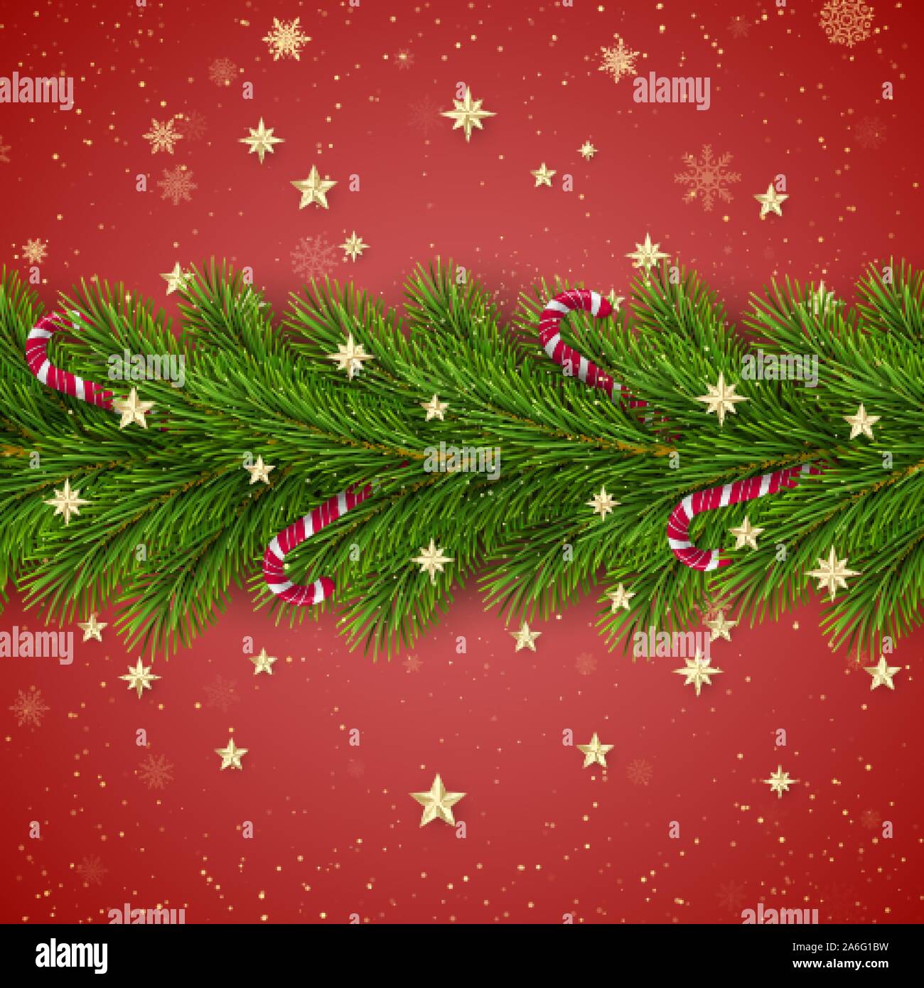 Buon Natale e Felice Anno Nuovo. Albero di Natale rami decorate con stelle dorate e fiocchi di neve e canne di caramella. Vacanze elemento di decorazione Illustrazione Vettoriale