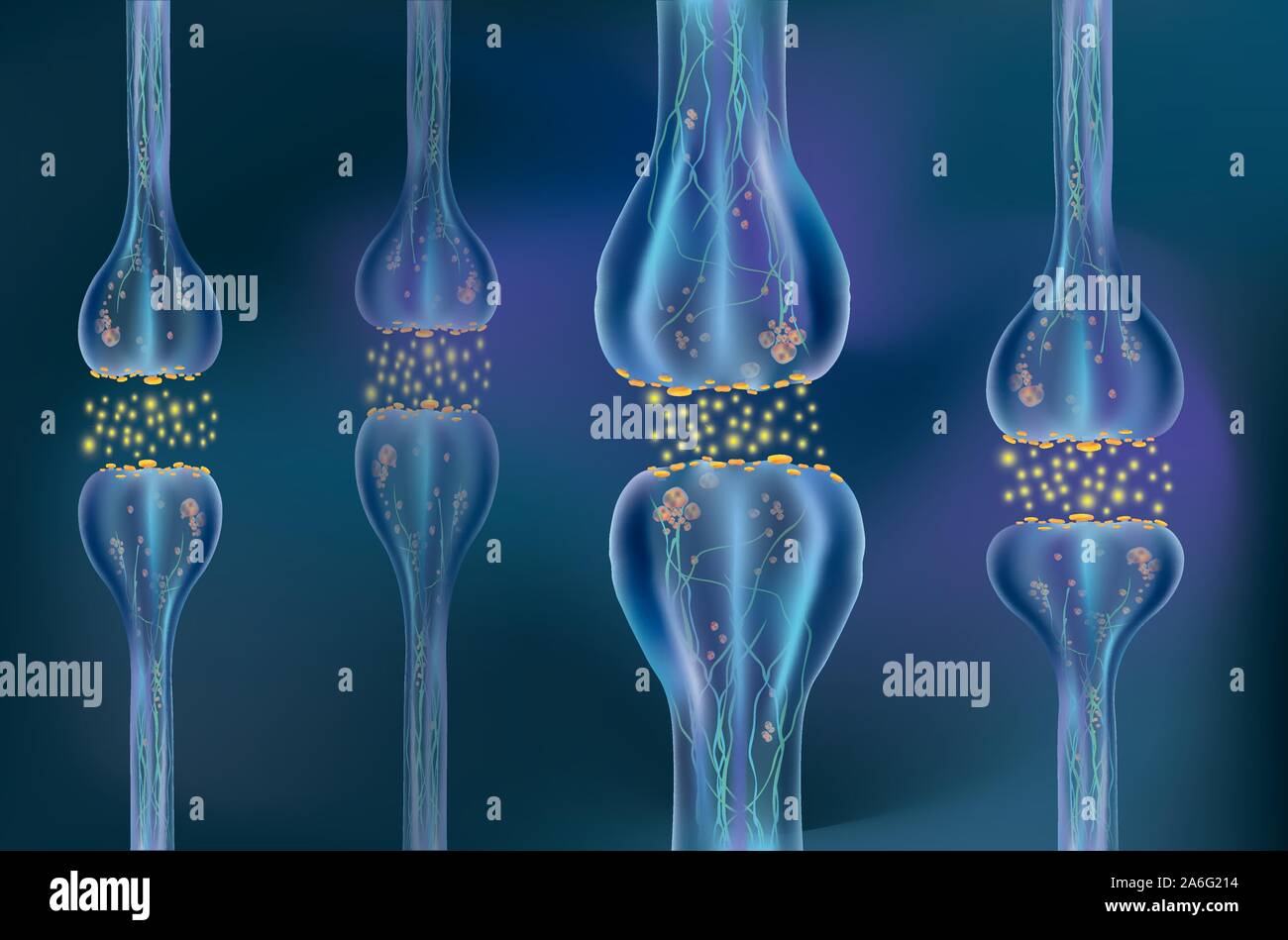 La segnalazione nel cervello. Connessioni neurali nel cervello forma pensieri, il concetto di apprendimento. La trasmissione di impulsi in un organismo vivente. Synapse Illustrazione Vettoriale