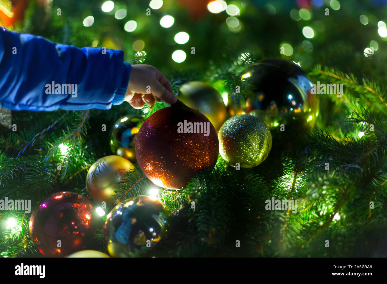 Il bambino gioca palla di Natale ornamenti.. Decorazione di natale su sfondo nero. Atmosfera natalizia. Un atmosfera di amore, di speranza, pace, gioia. Foto Stock