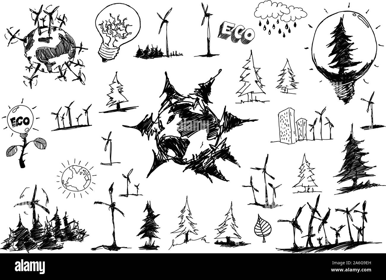 Molti disegnati a mano schizzi di argomenti riguardanti la natura nd ambiente ed ecologia e alberi e l'energia eolica Illustrazione Vettoriale