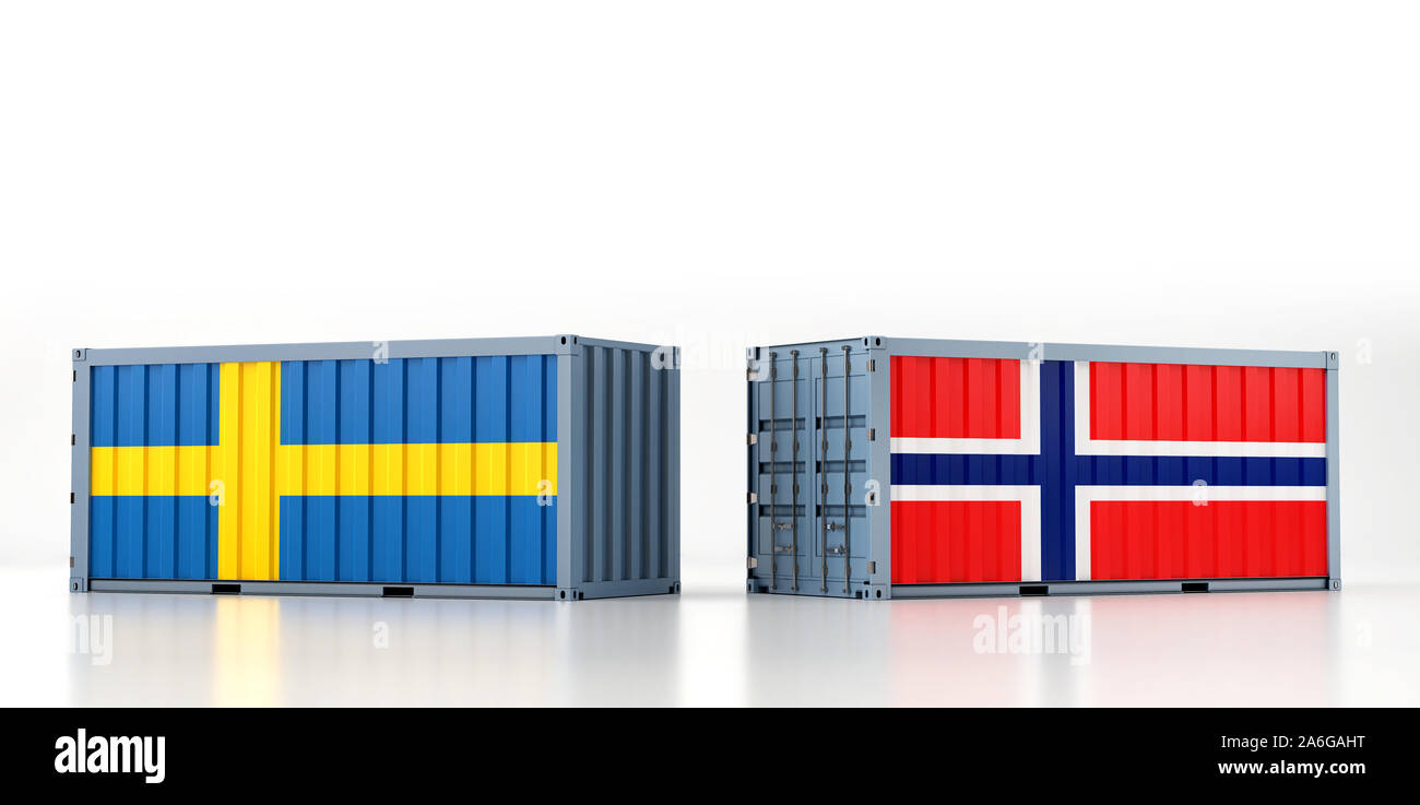 Due container con la Svezia e la Norvegia bandiera. Il rendering 3D Foto Stock