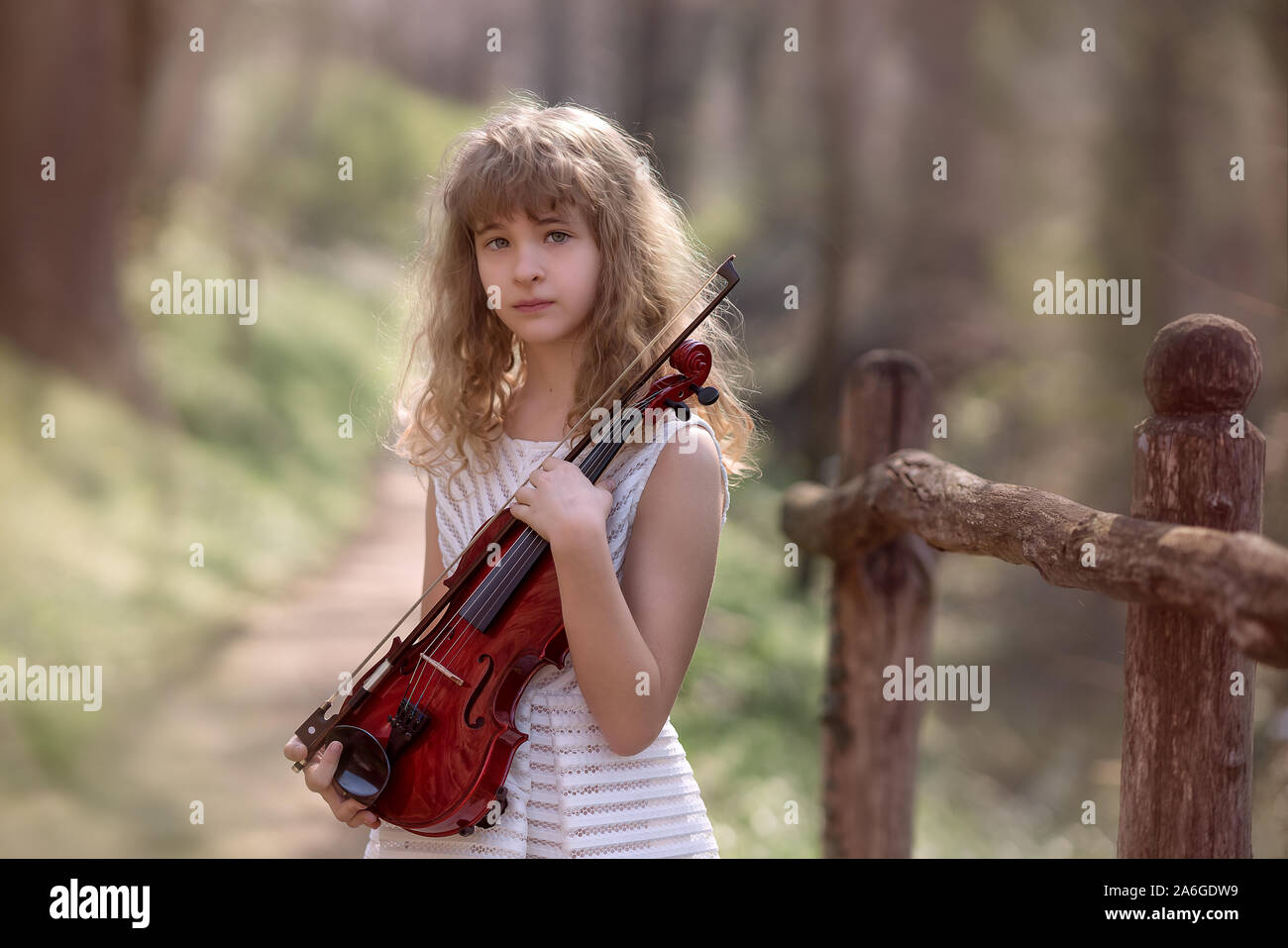 Ritratto di una bellissima ragazza con un violino. Foto Stock