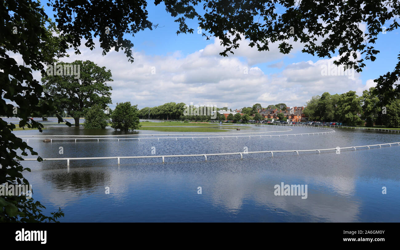 Cambiamenti climatici, Worcester Race Course, Inghilterra, Regno Unito, 13/02/2014 . Il fiume Severn, allagato, ha scoppiato le sue rive e la tempesta fogna sostenuto Foto Stock