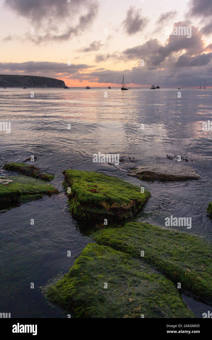 Tranquillo oceano di muschio rocce di sunrise Foto Stock