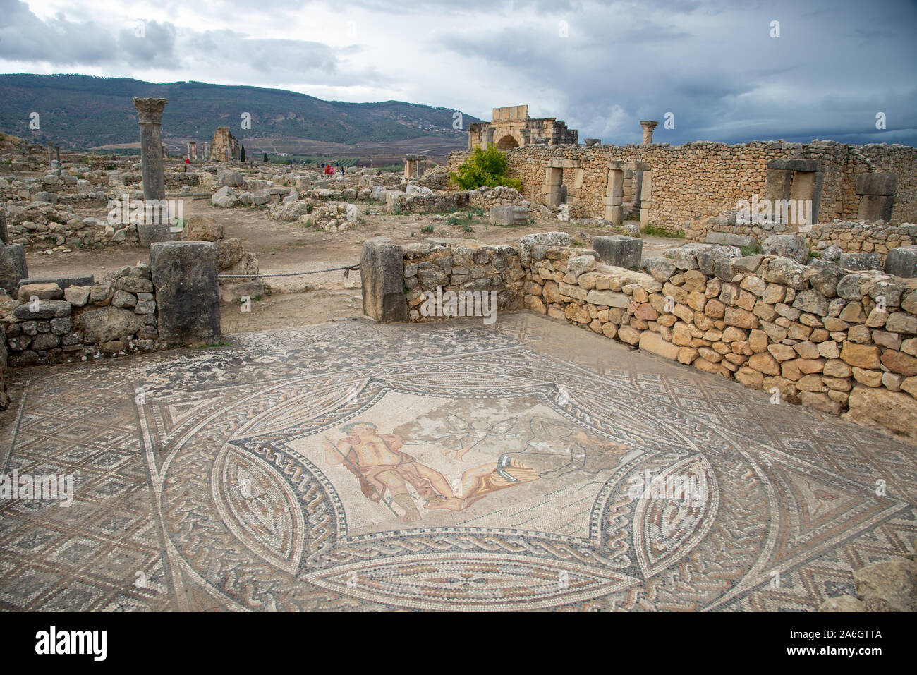 Pavimento a mosaico in rovine romane di Volubilis in Marocco Foto Stock