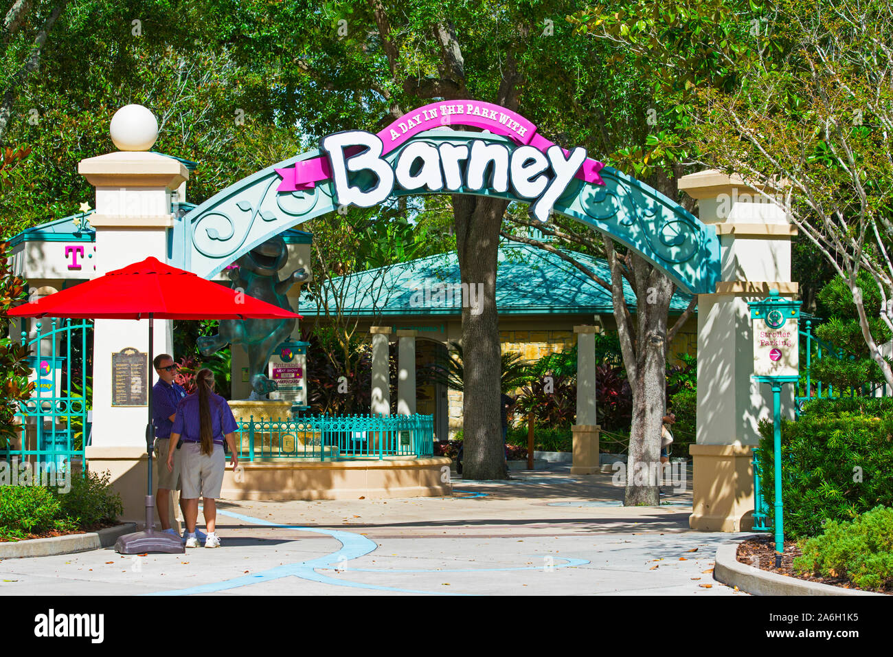 Un giorno nel parco con Barney ingresso, spettacolo per bambini, Universal Studios, Orlando, Florida, Stati Uniti d'America Foto Stock