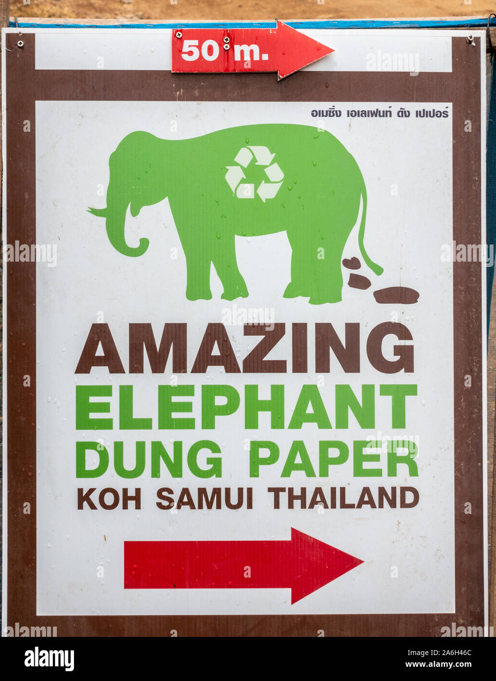 Ko Samui, Tailandia - 18 Marzo 2019: Wat Khunaram tempio buddista e il monastero. Segno di poster per la vendita di sterco di elefante Carta con immagine del Foto Stock